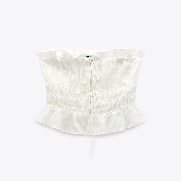 Zara 100% LINEN TIED RUFFLED TOP - Picture 3 of 16